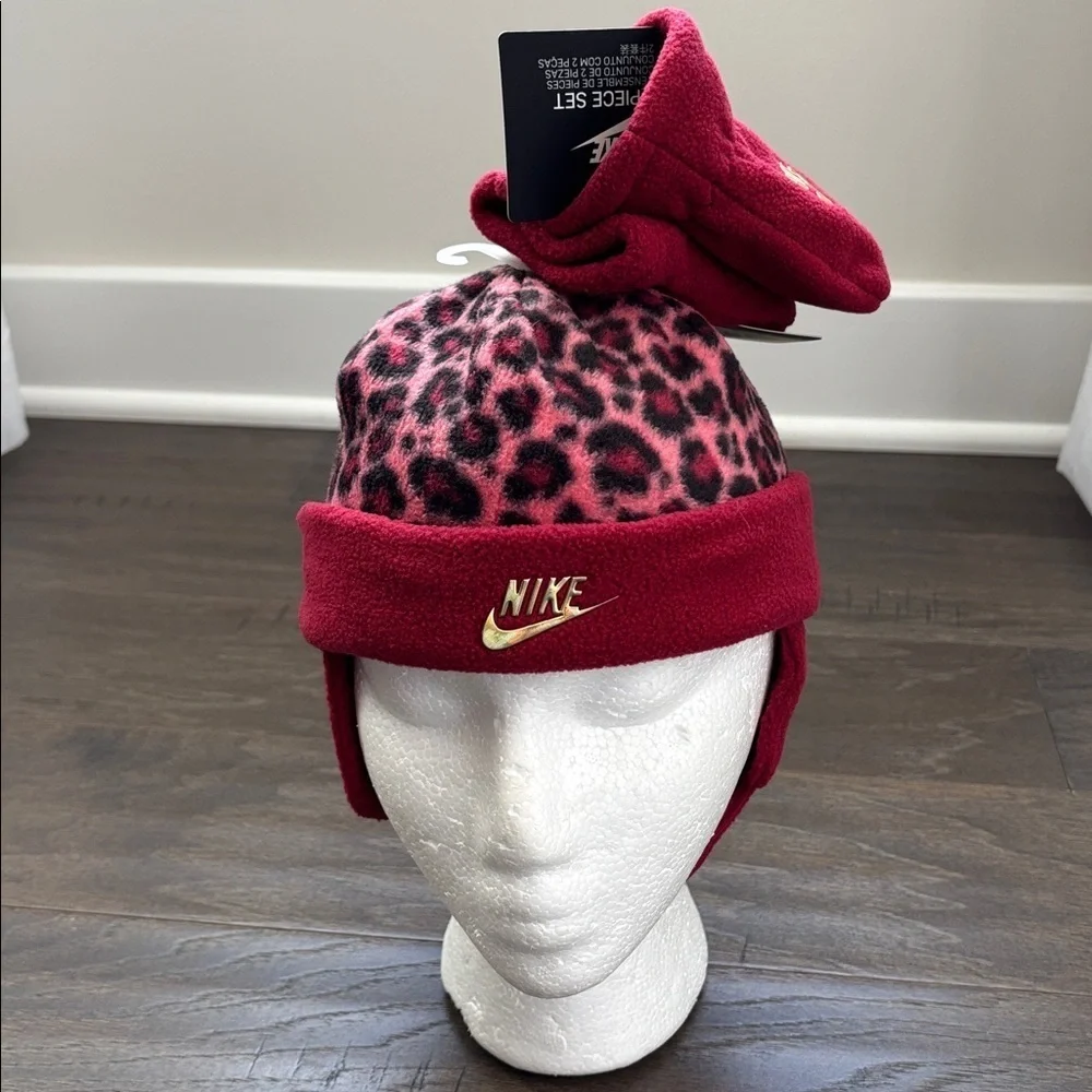 Nike Infant 2pc.Earflap Hat & Mittens, leopard print,gold logo,velcro chin